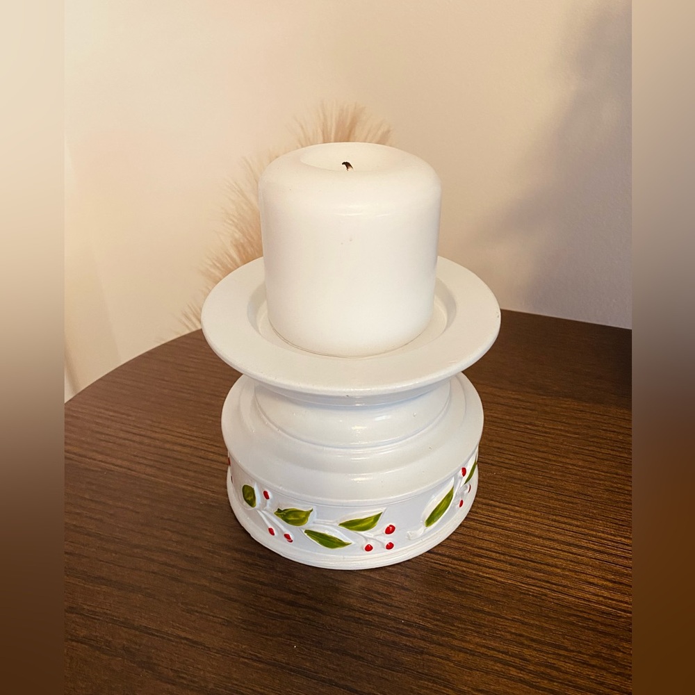 White Holiday Candle Holder with Festive Accents